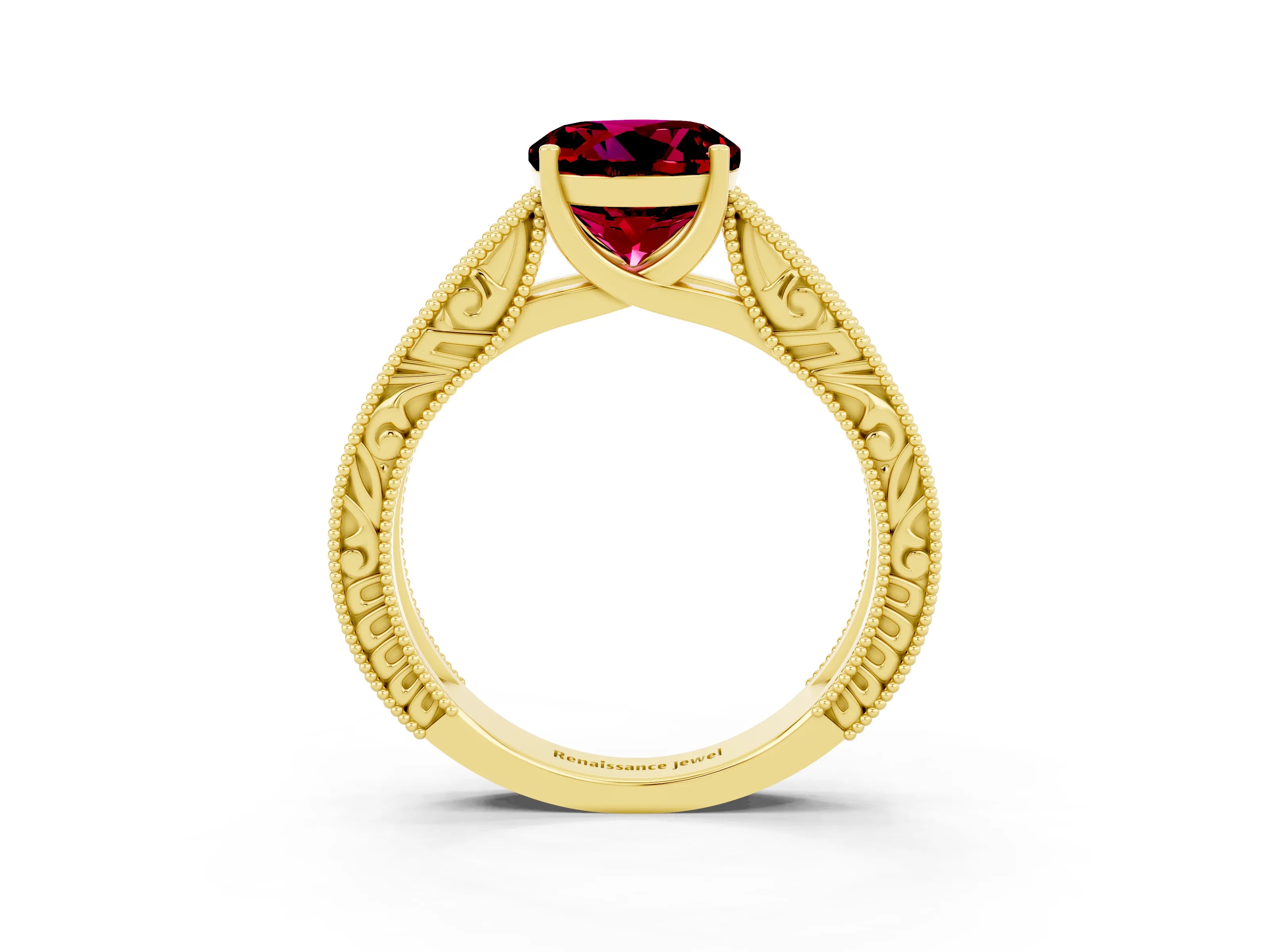 Yellow gold Round Cut Garnet Solitaire Ring with Engraved Band and Four-Prong Setting_3
