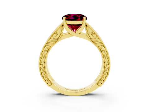 Yellow gold Round Cut Garnet Solitaire Ring with Engraved Band and Four-Prong Setting_3