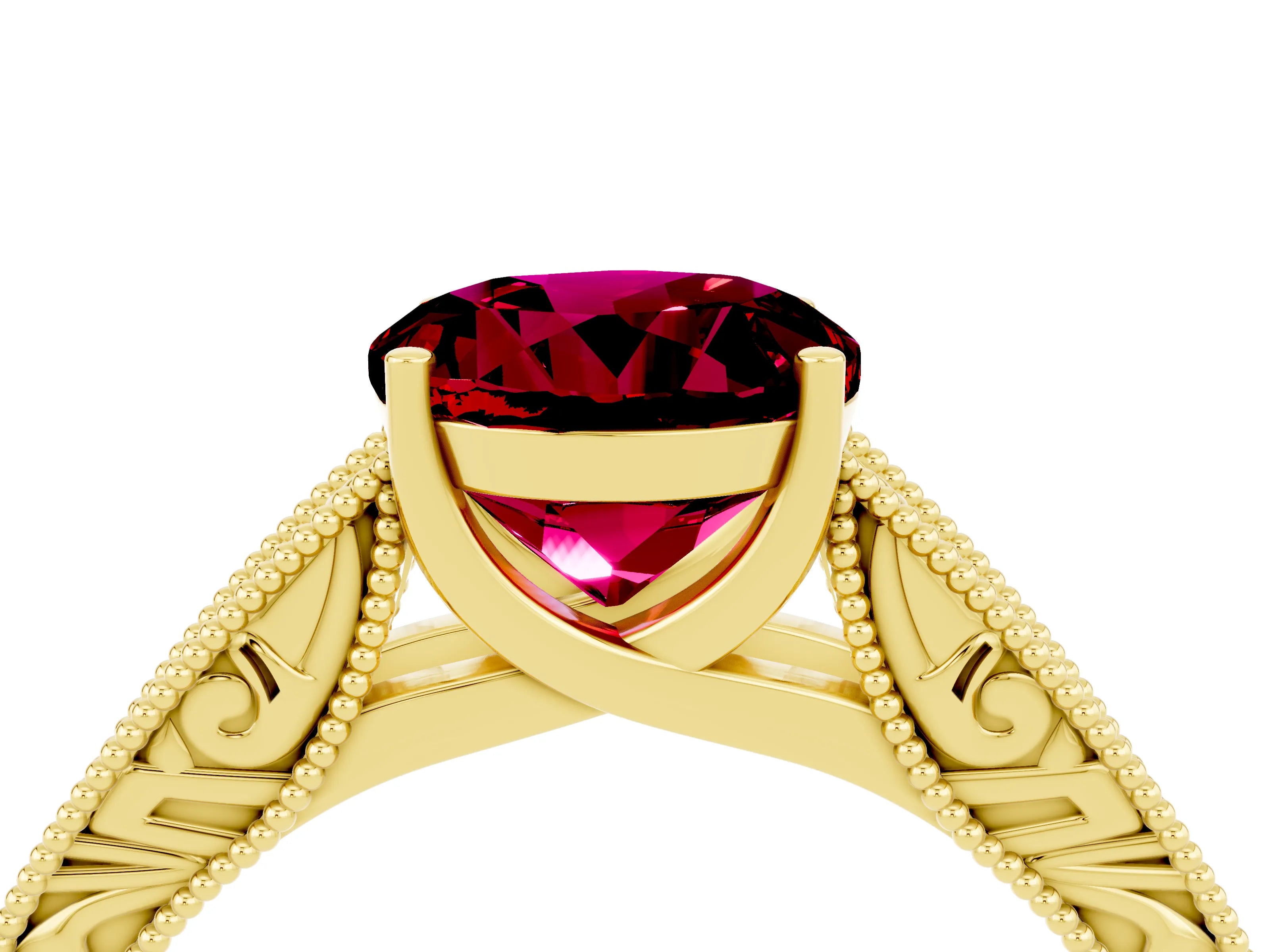 Yellow gold Round Cut Garnet Solitaire Ring with Engraved Band and Four-Prong Setting_4