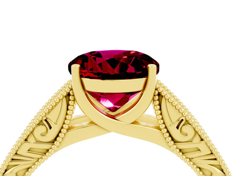 Yellow gold Round Cut Garnet Solitaire Ring with Engraved Band and Four-Prong Setting_4