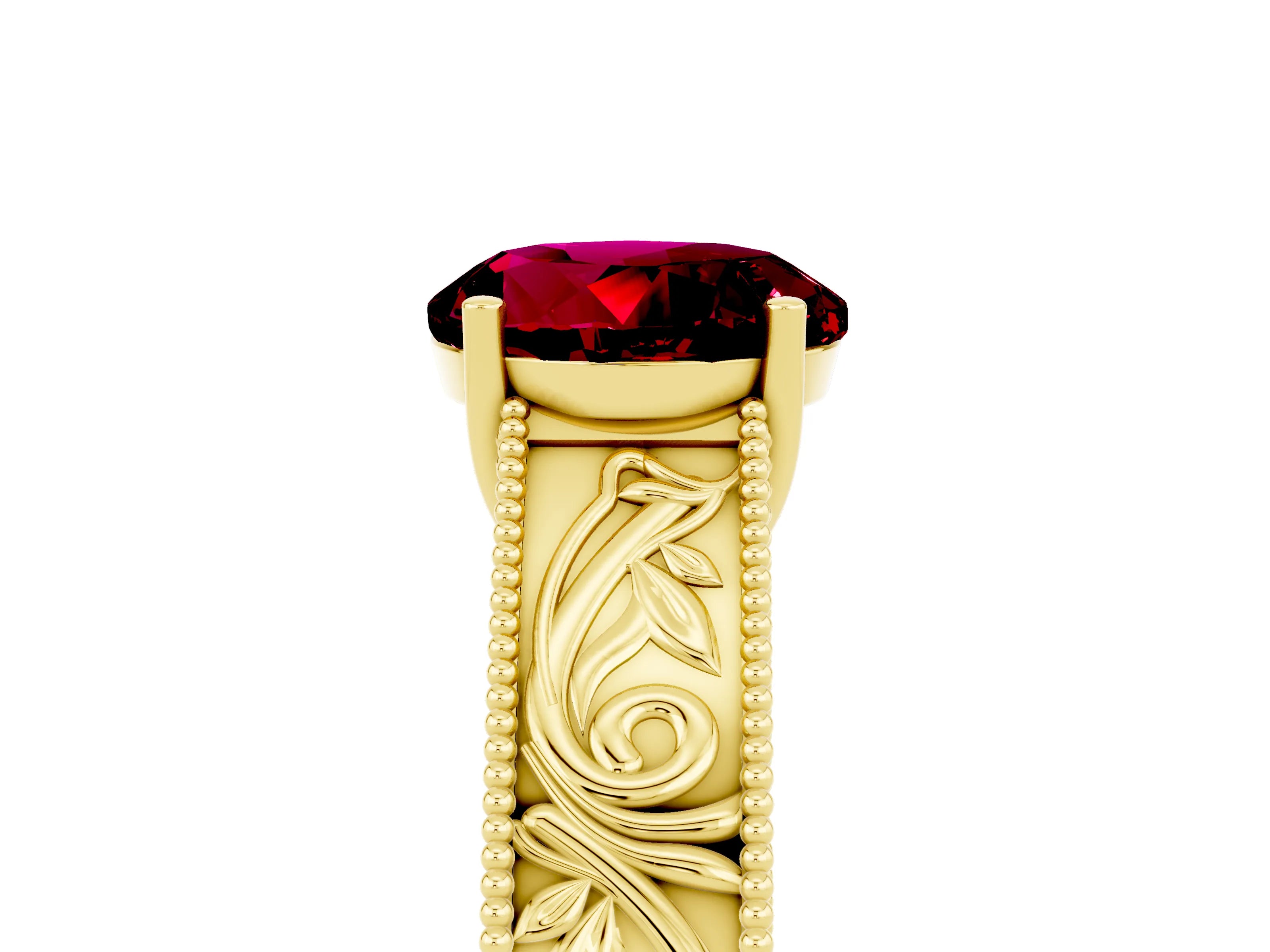 Yellow gold Round Cut Garnet Solitaire Ring with Engraved Band and Four-Prong Setting_5