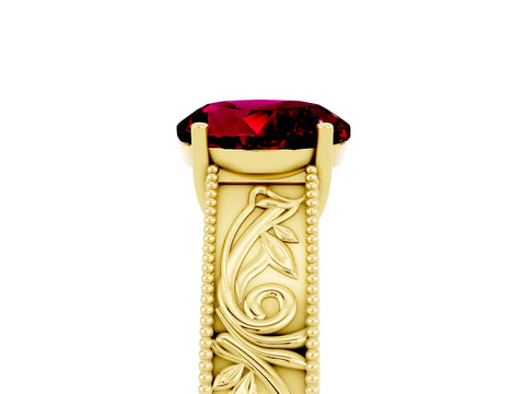 Yellow gold Round Cut Garnet Solitaire Ring with Engraved Band and Four-Prong Setting_5