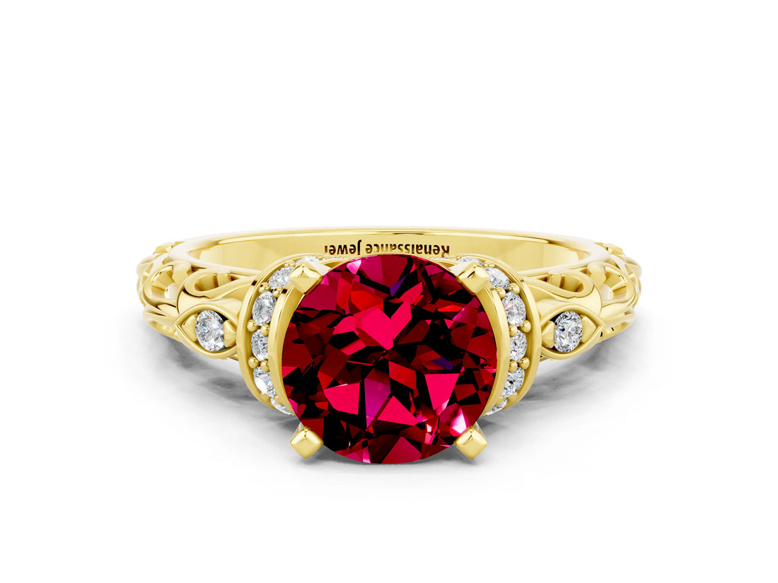 Yellow gold Round Cut Garnet Solitaire Ring with Filigree Band and Four-Prong Setting_24