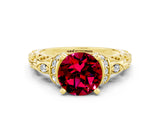 Yellow gold Round Cut Garnet Solitaire Ring with Filigree Band and Four-Prong Setting_24
