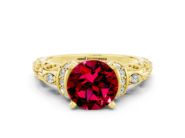 Yellow gold Round Cut Garnet Solitaire Ring with Filigree Band and Four-Prong Setting