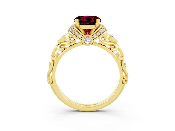 Yellow gold Round Cut Garnet Solitaire Ring with Filigree Band and Four-Prong Setting