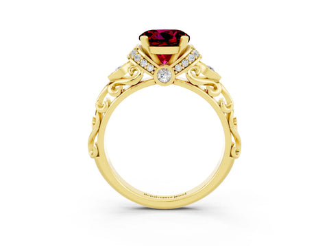 Yellow gold Round Cut Garnet Solitaire Ring with Filigree Band and Four-Prong Setting_27