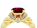 Yellow gold Round Cut Garnet Solitaire Ring with Filigree Band and Four-Prong Setting_28