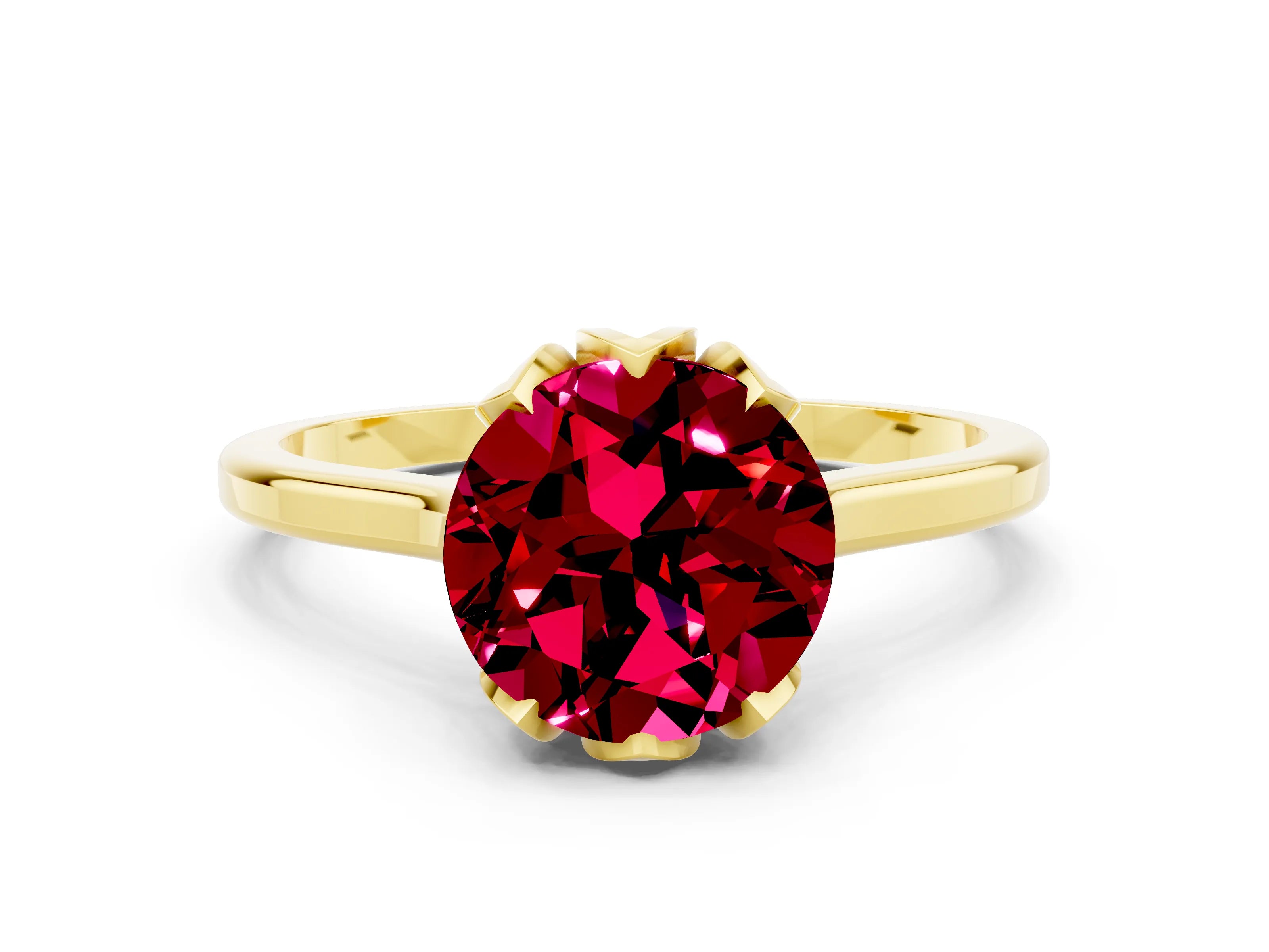 Yellow gold Round Cut Garnet Solitaire Ring with Flower Prong Setting and Classic Band_12