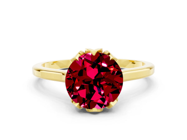 Yellow gold Round Cut Garnet Solitaire Ring with Flower Prong Setting and Classic Band