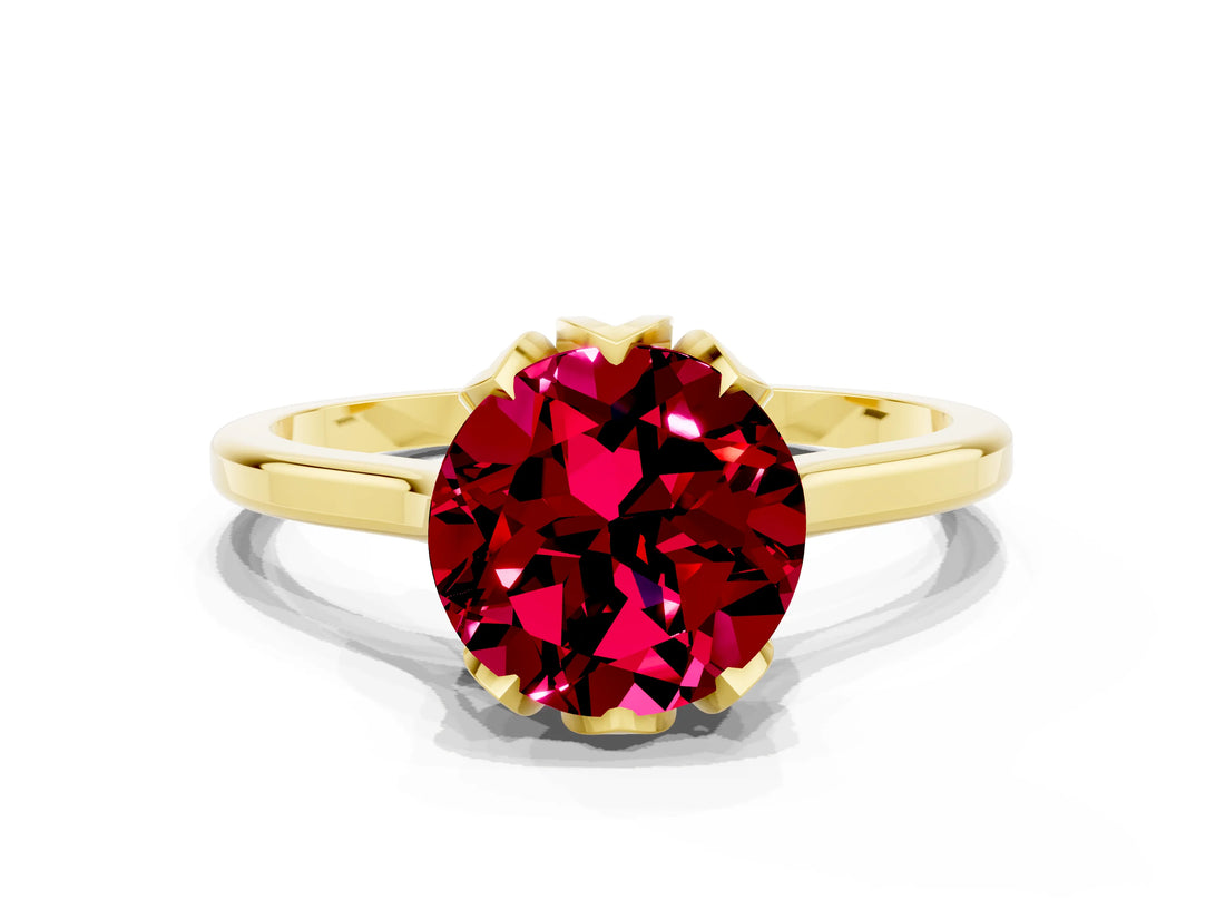 Yellow gold Round Cut Garnet Solitaire Ring with Flower Prong Setting and Classic Band_12