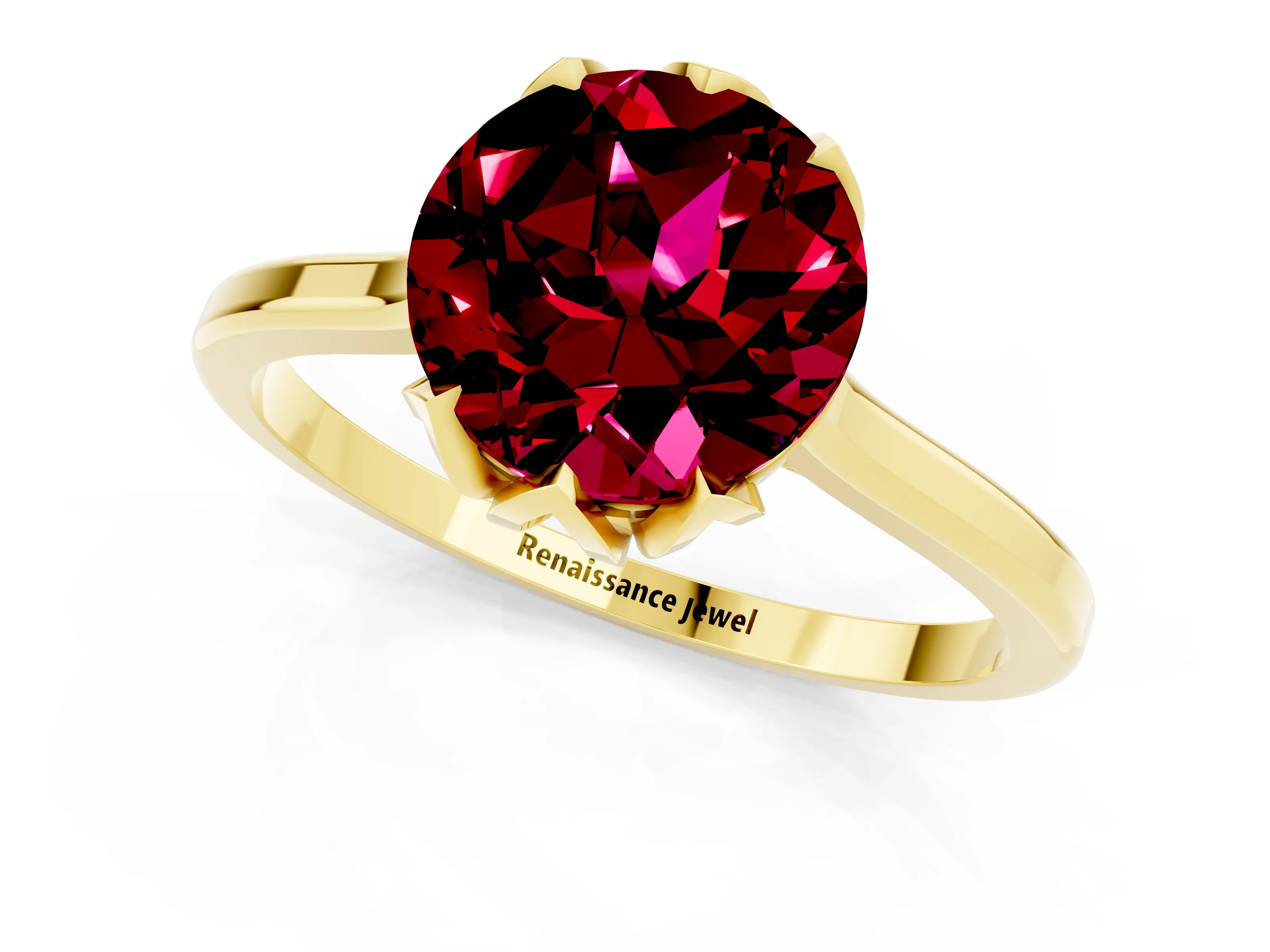 Yellow gold Round Cut Garnet Solitaire Ring with Flower Prong Setting and Classic Band_13