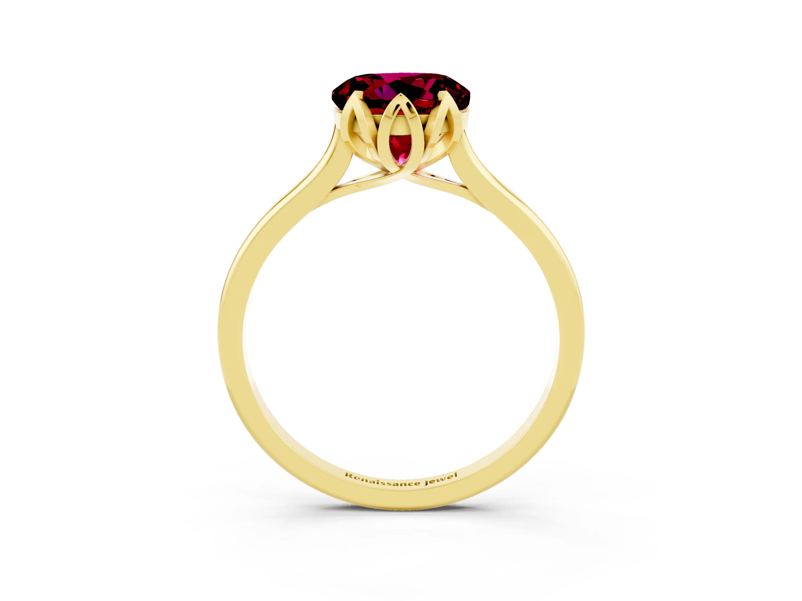 Yellow gold Round Cut Garnet Solitaire Ring with Flower Prong Setting and Classic Band_15
