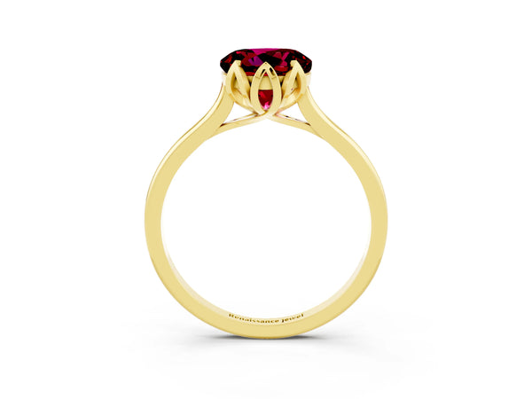 Yellow gold Round Cut Garnet Solitaire Ring with Flower Prong Setting and Classic Band