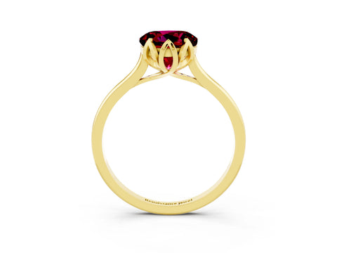 Yellow gold Round Cut Garnet Solitaire Ring with Flower Prong Setting and Classic Band_15