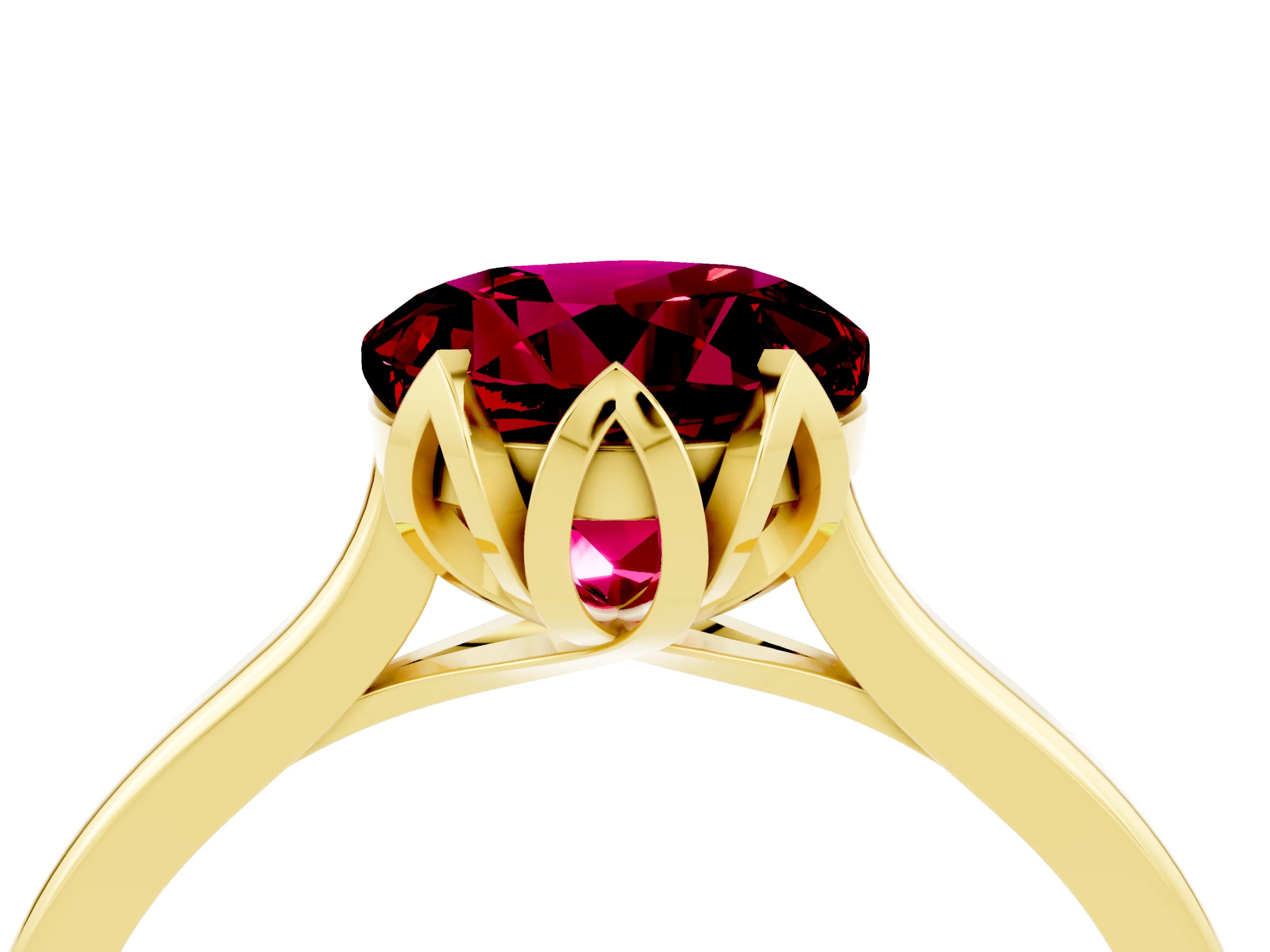 Yellow gold Round Cut Garnet Solitaire Ring with Flower Prong Setting and Classic Band_16