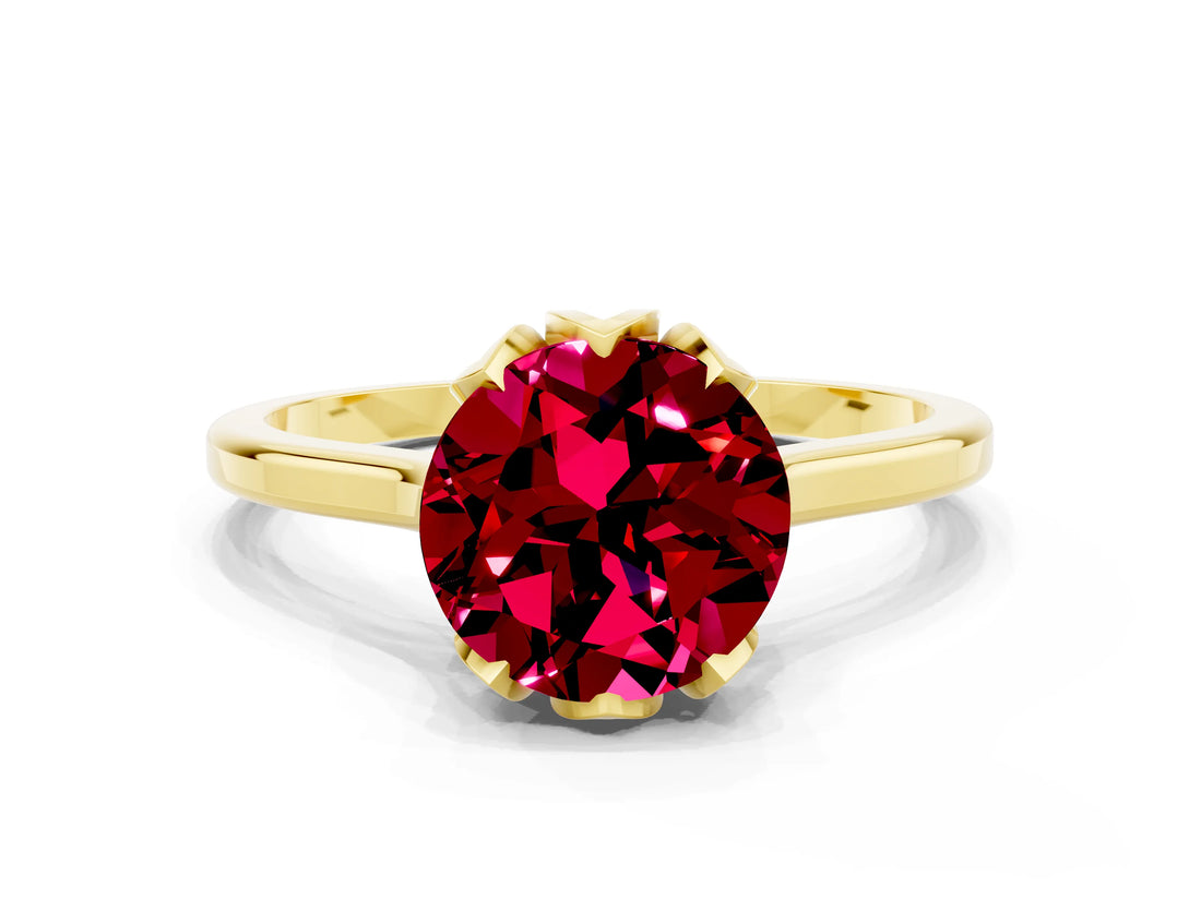 Yellow gold Round Cut Garnet Solitaire Ring with Flower Prong Setting and Classic Band_37