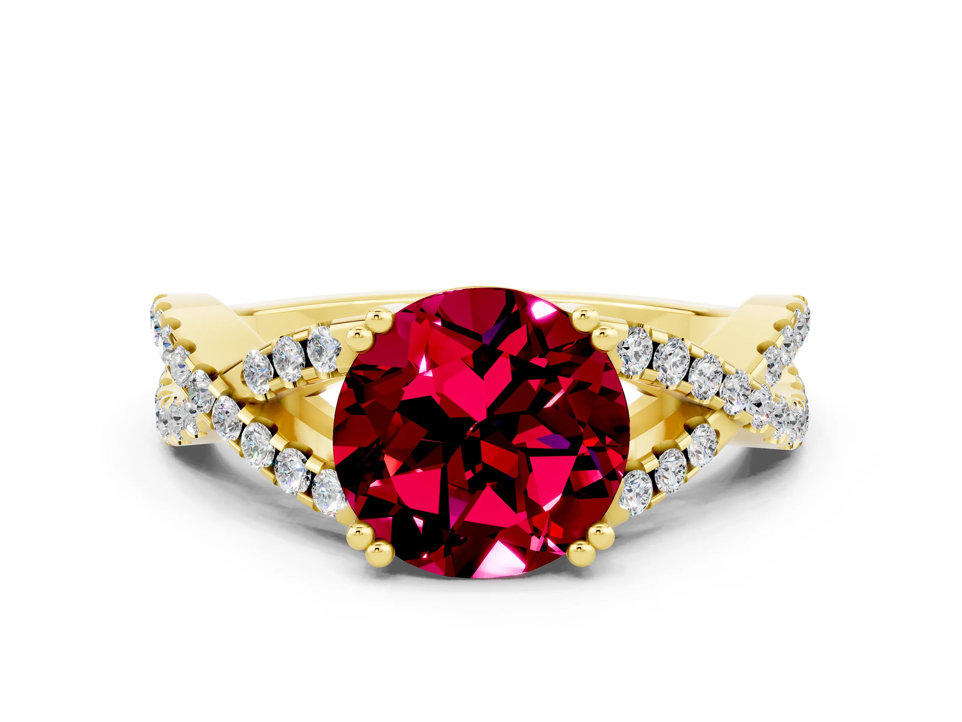 Yellow gold Round Cut Garnet Solitaire Ring with Four-Prong Setting and Twisted Pavé Band