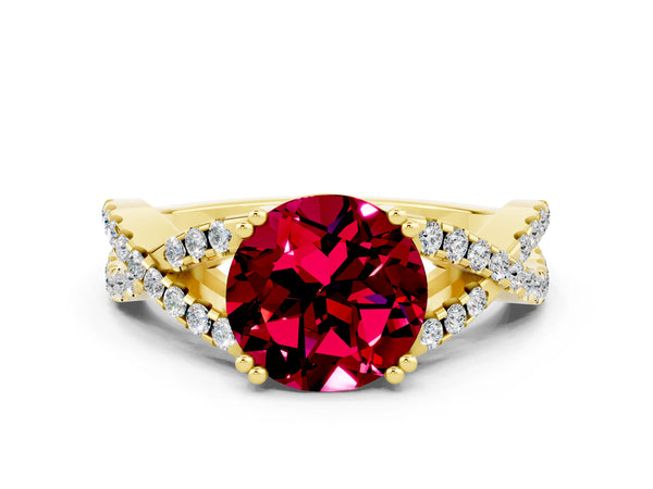 Yellow gold Round Cut Garnet Solitaire Ring with Four-Prong Setting and Twisted Pavé Band