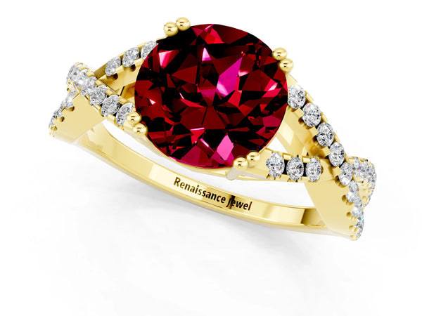 Yellow gold Round Cut Garnet Solitaire Ring with Four-Prong Setting and Twisted Pavé Band