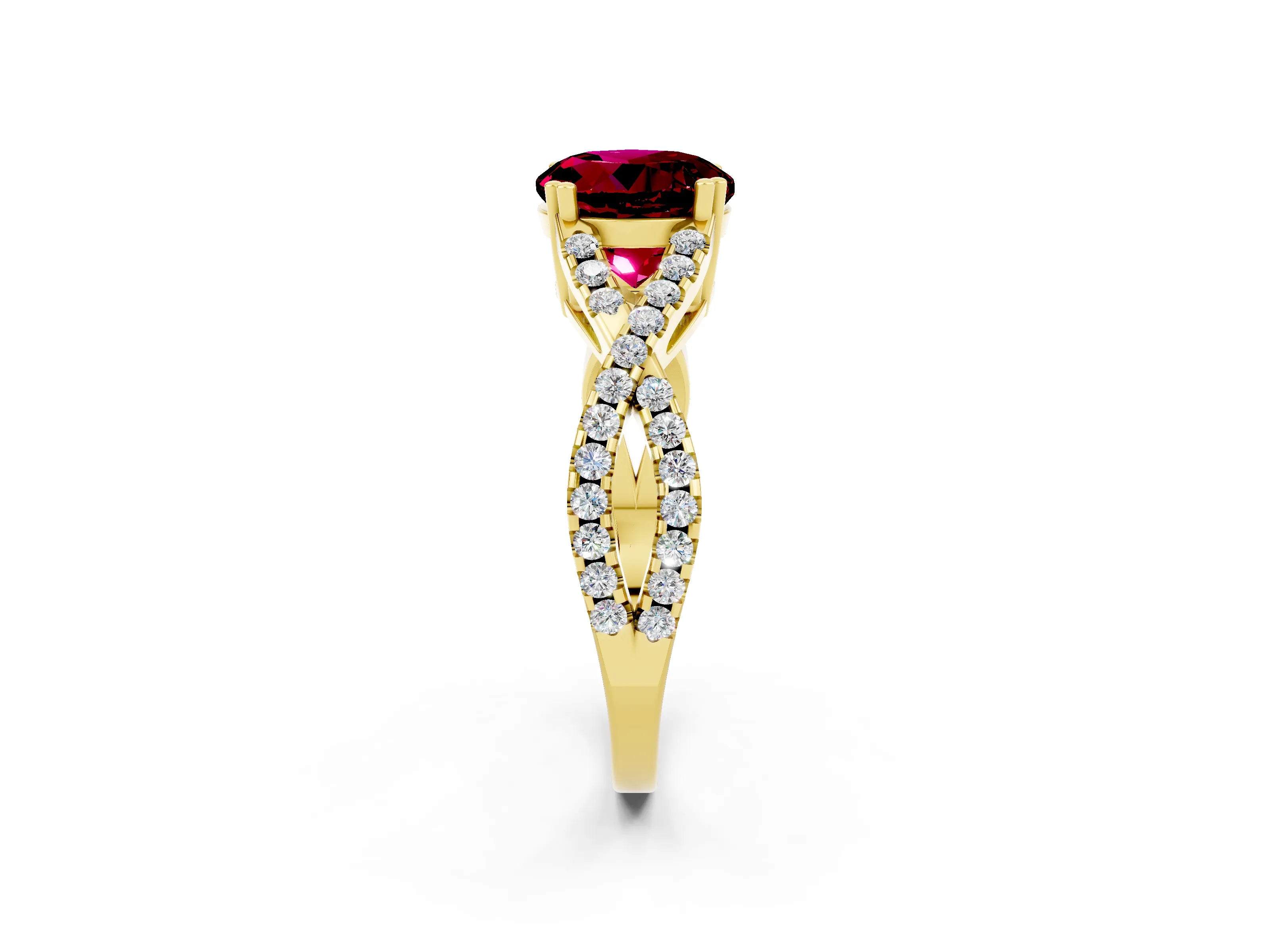 Yellow gold Round Cut Garnet Solitaire Ring with Four-Prong Setting and Twisted Pavé Band_2