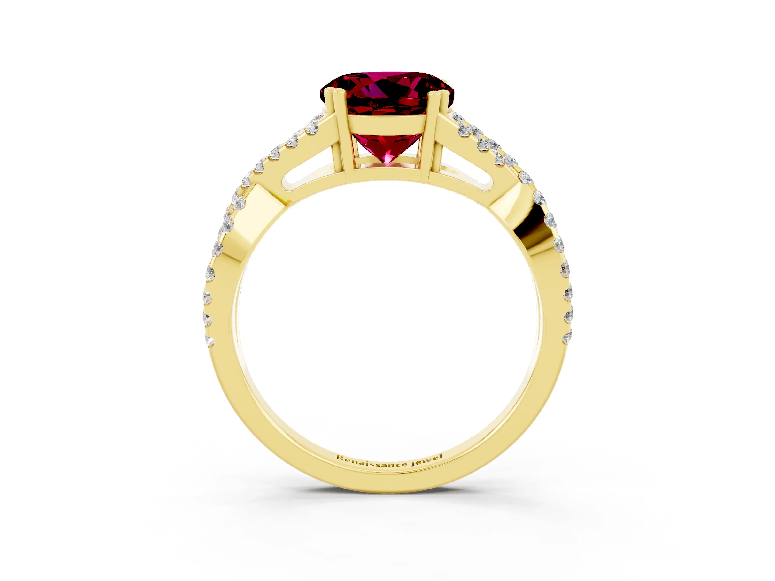 Yellow gold Round Cut Garnet Solitaire Ring with Four-Prong Setting and Twisted Pavé Band_3