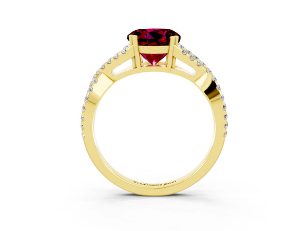 Yellow gold Round Cut Garnet Solitaire Ring with Four-Prong Setting and Twisted Pavé Band