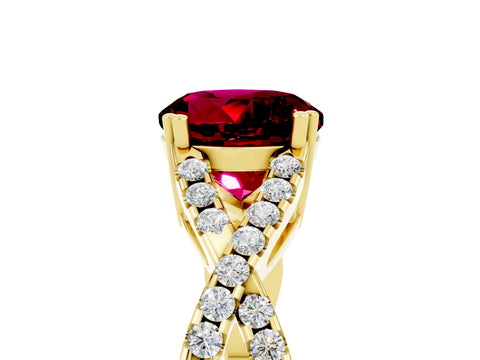 Yellow gold Round Cut Garnet Solitaire Ring with Four-Prong Setting and Twisted Pavé Band_5