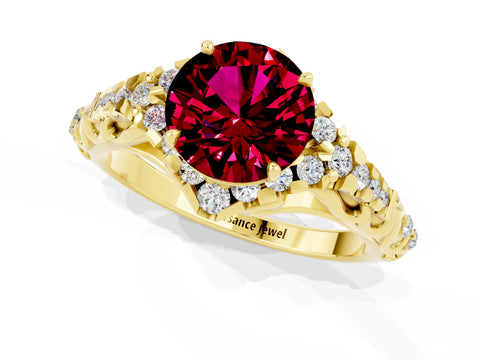Yellow gold Round Cut Garnet Solitaire Ring with Hidden Halo and Pavé Band_42