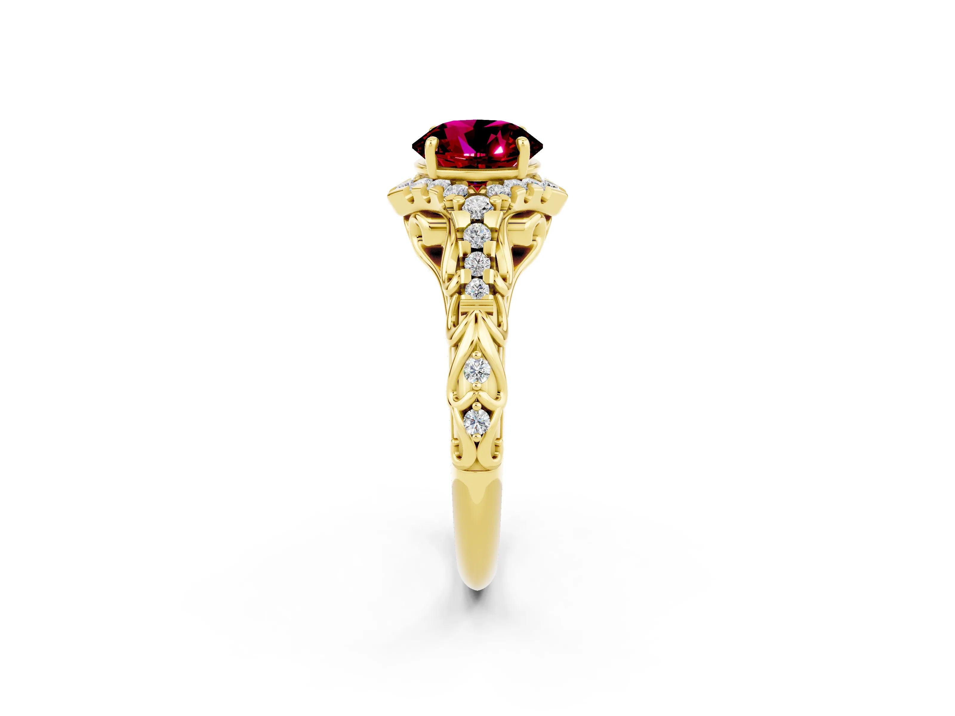 Yellow gold Round Cut Garnet Solitaire Ring with Hidden Halo and Pavé Band_43