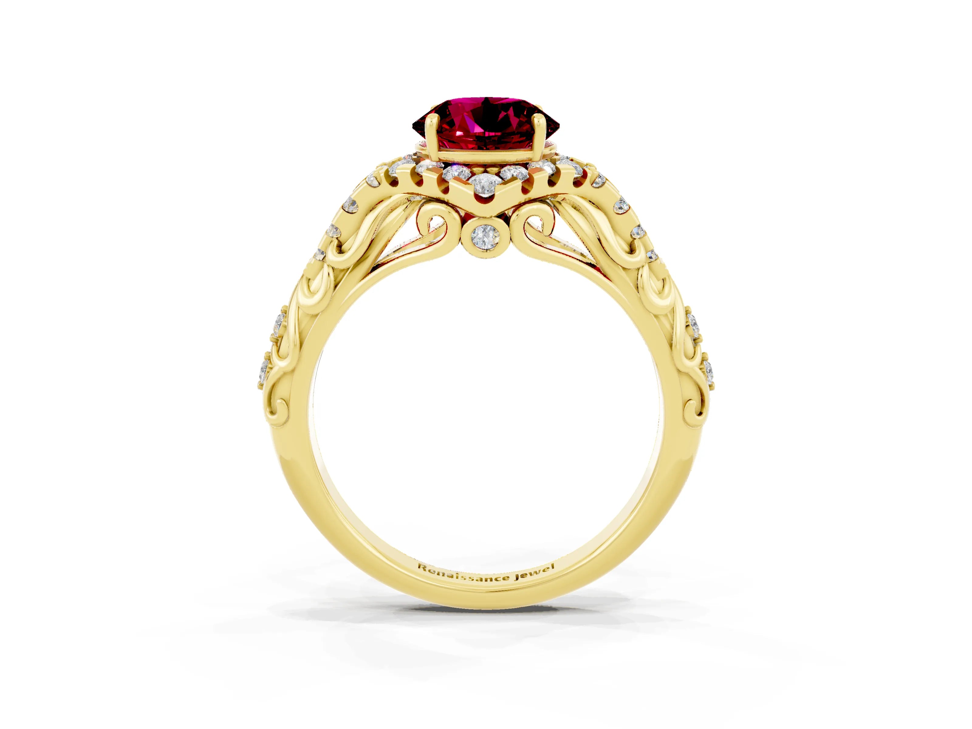 Yellow gold Round Cut Garnet Solitaire Ring with Hidden Halo and Pavé Band_44