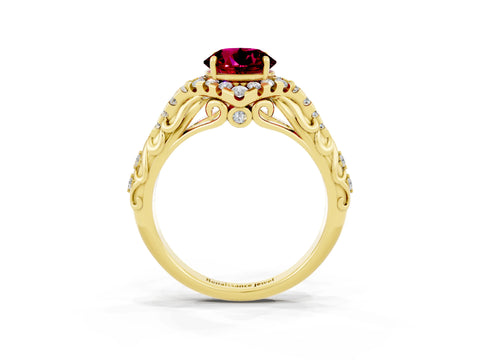 Yellow gold Round Cut Garnet Solitaire Ring with Hidden Halo and Pavé Band_44