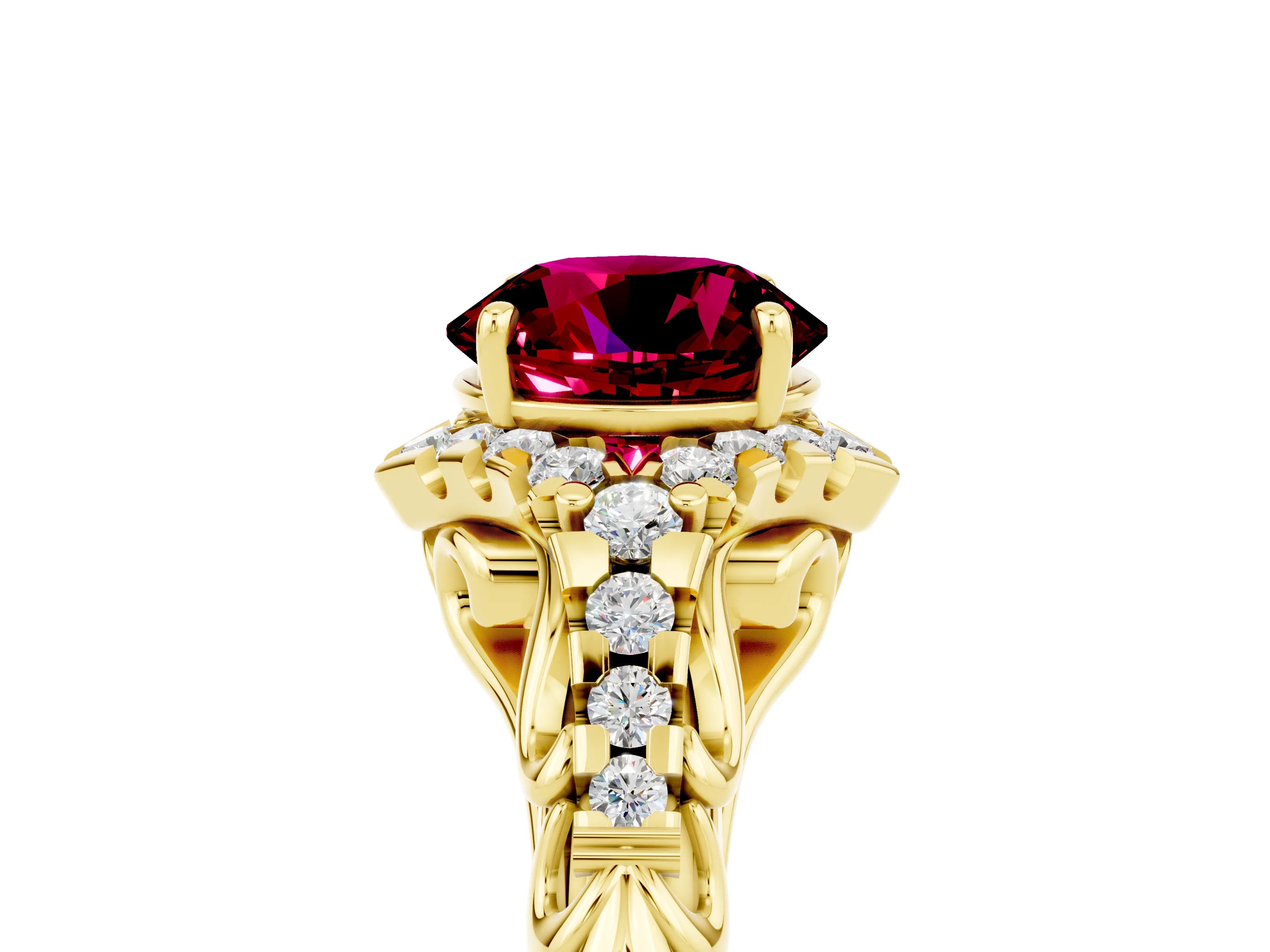 Yellow gold Round Cut Garnet Solitaire Ring with Hidden Halo and Pavé Band_46