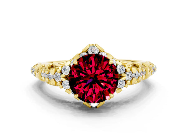 Yellow gold Round Cut Garnet Solitaire Ring with Hidden Halo and Pavé Band