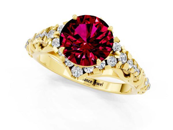 Yellow gold Round Cut Garnet Solitaire Ring with Hidden Halo and Pavé Band