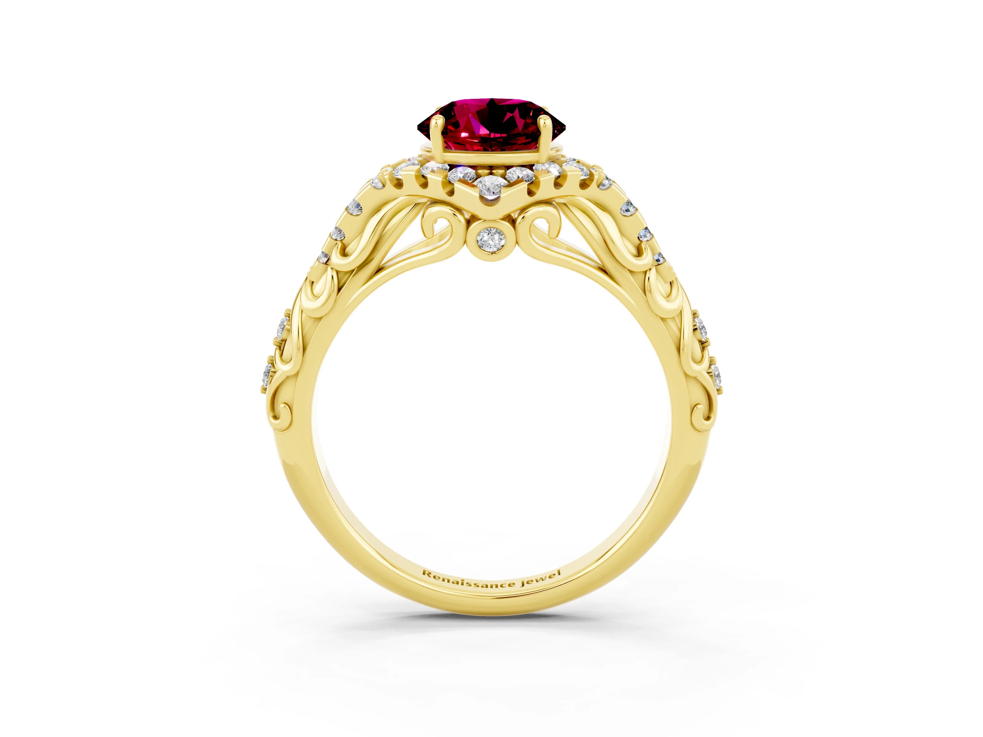Yellow gold Round Cut Garnet Solitaire Ring with Hidden Halo and Pavé Band_58