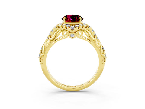 Yellow gold Round Cut Garnet Solitaire Ring with Hidden Halo and Pavé Band_58