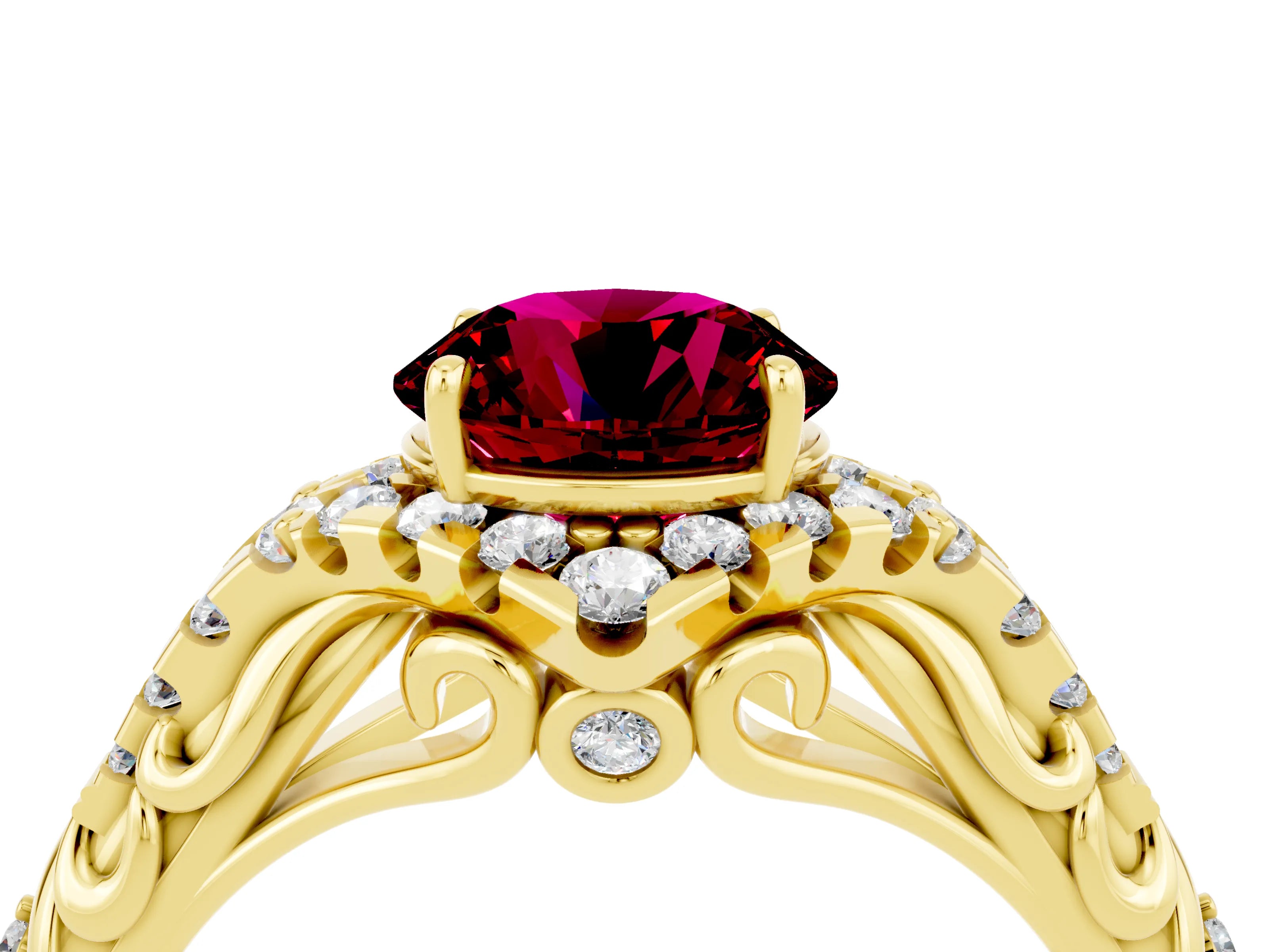 Yellow gold Round Cut Garnet Solitaire Ring with Hidden Halo and Pavé Band_59