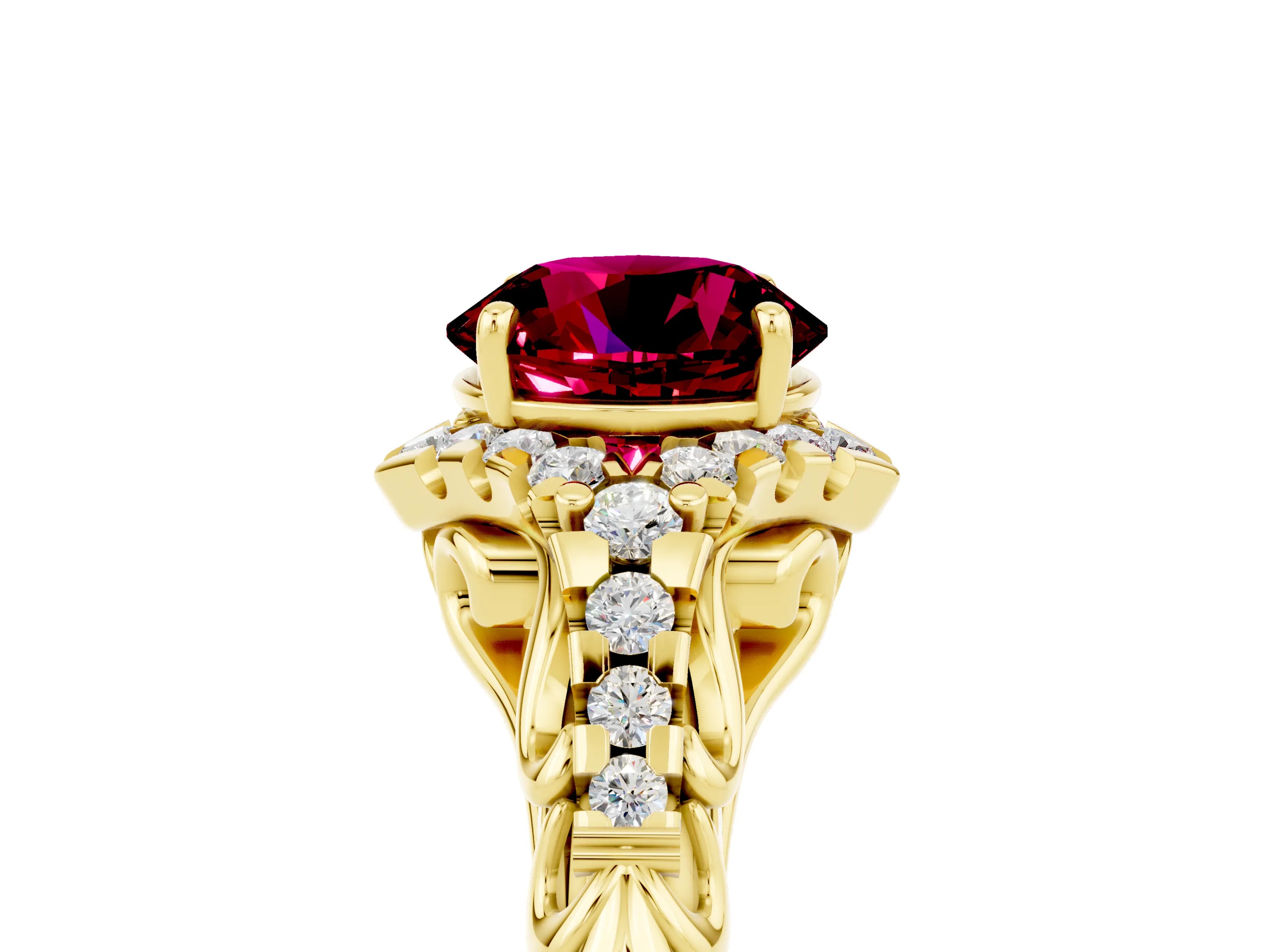 Yellow gold Round Cut Garnet Solitaire Ring with Hidden Halo and Pavé Band_60