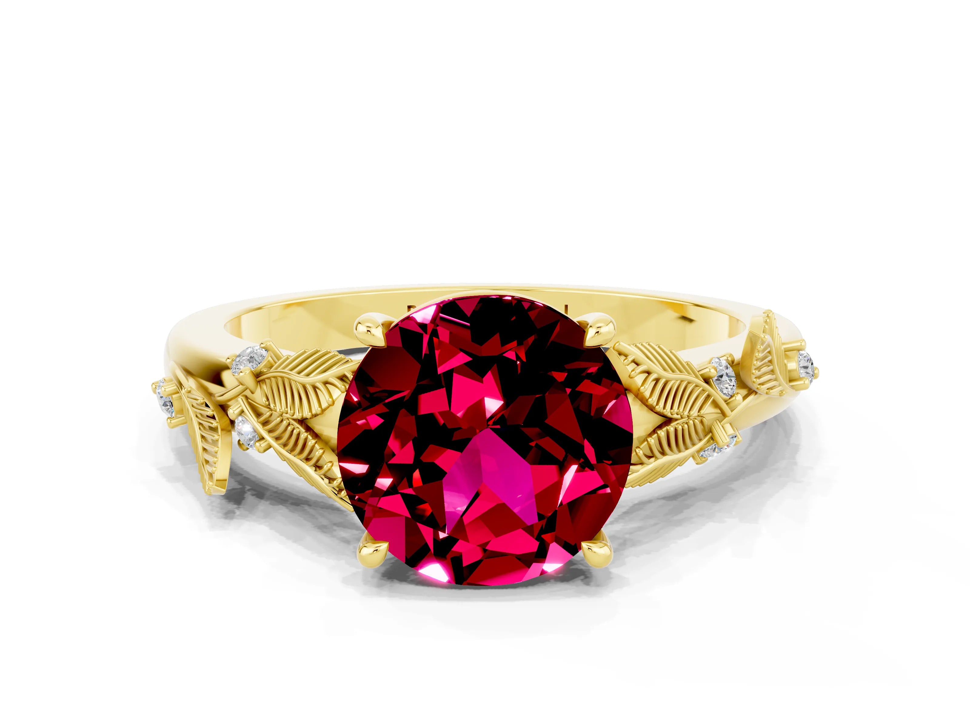 Yellow gold Round Cut Garnet Solitaire Ring with Leaf Motif Band and Four-Prong Setting