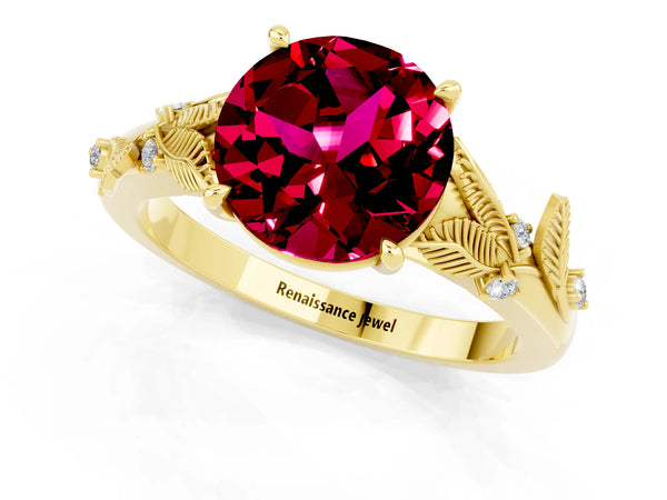 Yellow gold Round Cut Garnet Solitaire Ring with Leaf Motif Band and Four-Prong Setting