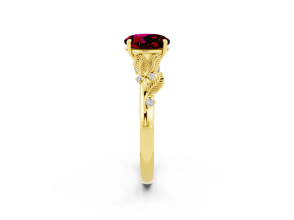 Yellow gold Round Cut Garnet Solitaire Ring with Leaf Motif Band and Four-Prong Setting