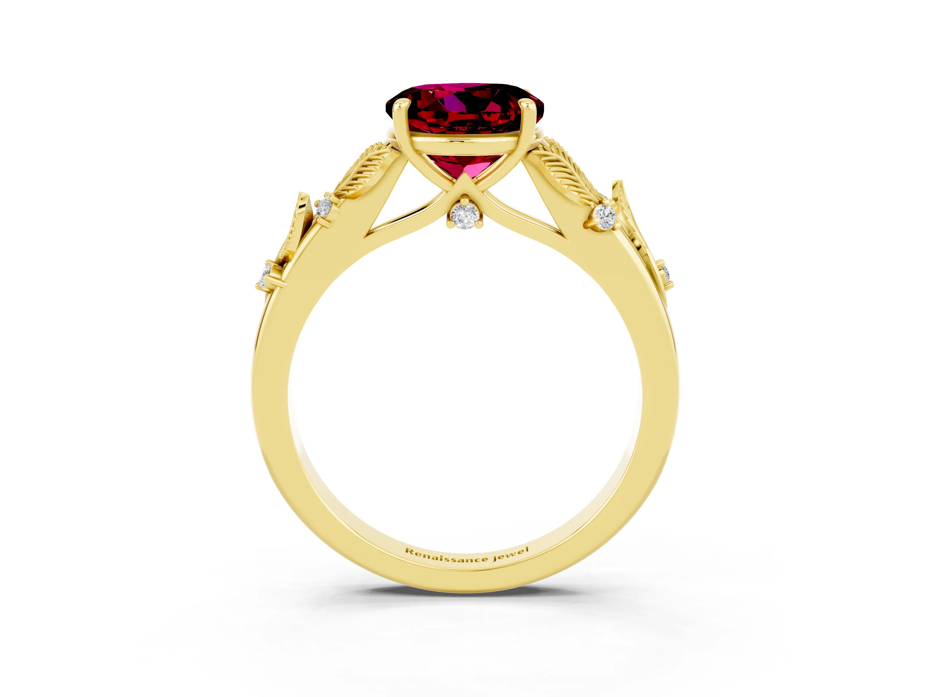 Yellow gold Round Cut Garnet Solitaire Ring with Leaf Motif Band and Four-Prong Setting_3
