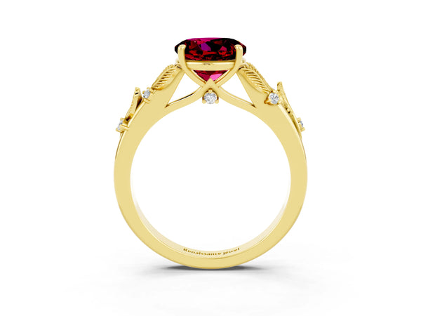 Yellow gold Round Cut Garnet Solitaire Ring with Leaf Motif Band and Four-Prong Setting