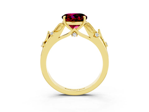 Yellow gold Round Cut Garnet Solitaire Ring with Leaf Motif Band and Four-Prong Setting_3