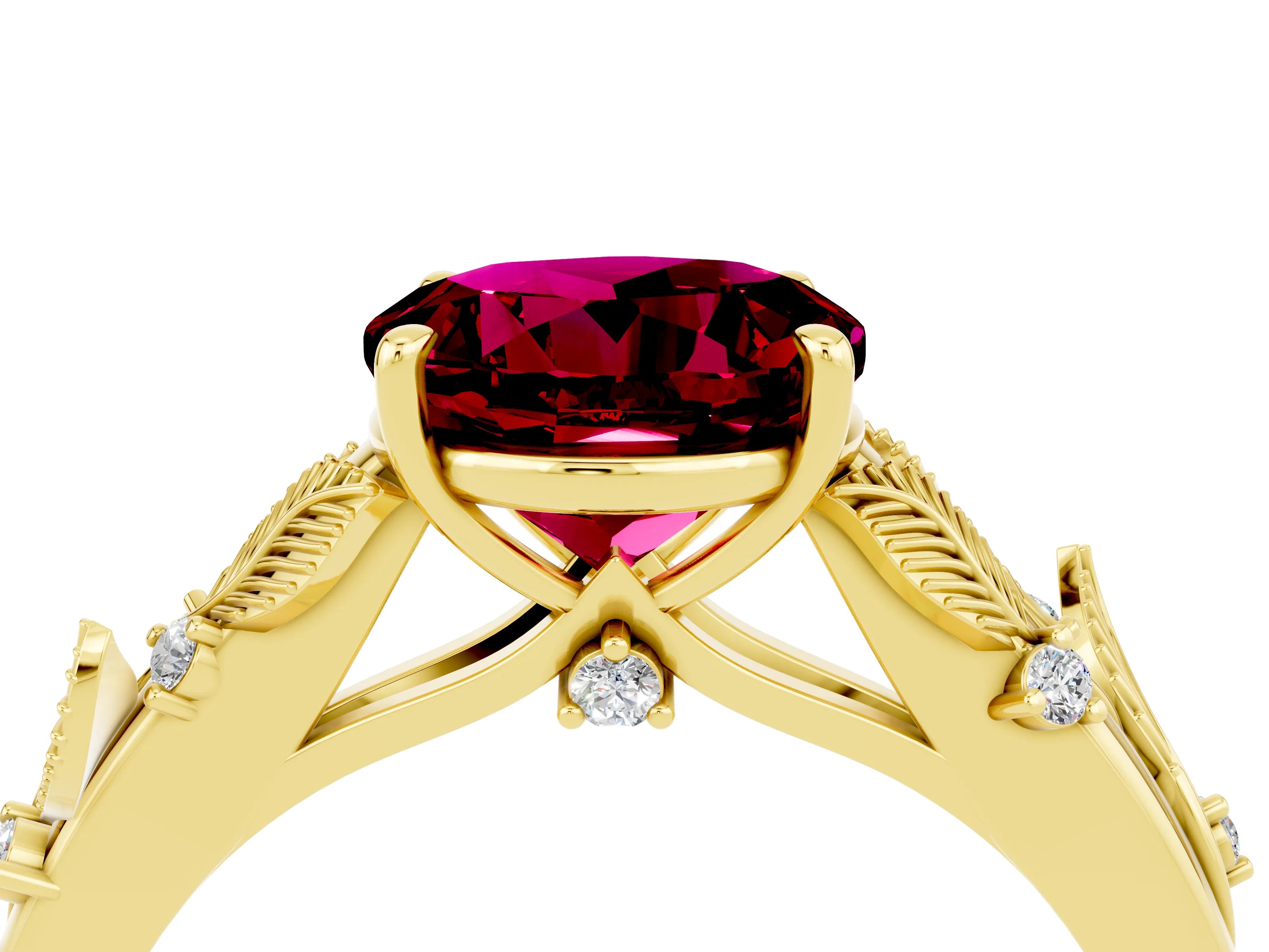 Yellow gold Round Cut Garnet Solitaire Ring with Leaf Motif Band and Four-Prong Setting_4