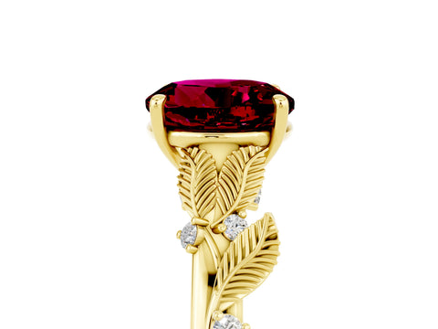 Yellow gold Round Cut Garnet Solitaire Ring with Leaf Motif Band and Four-Prong Setting_5