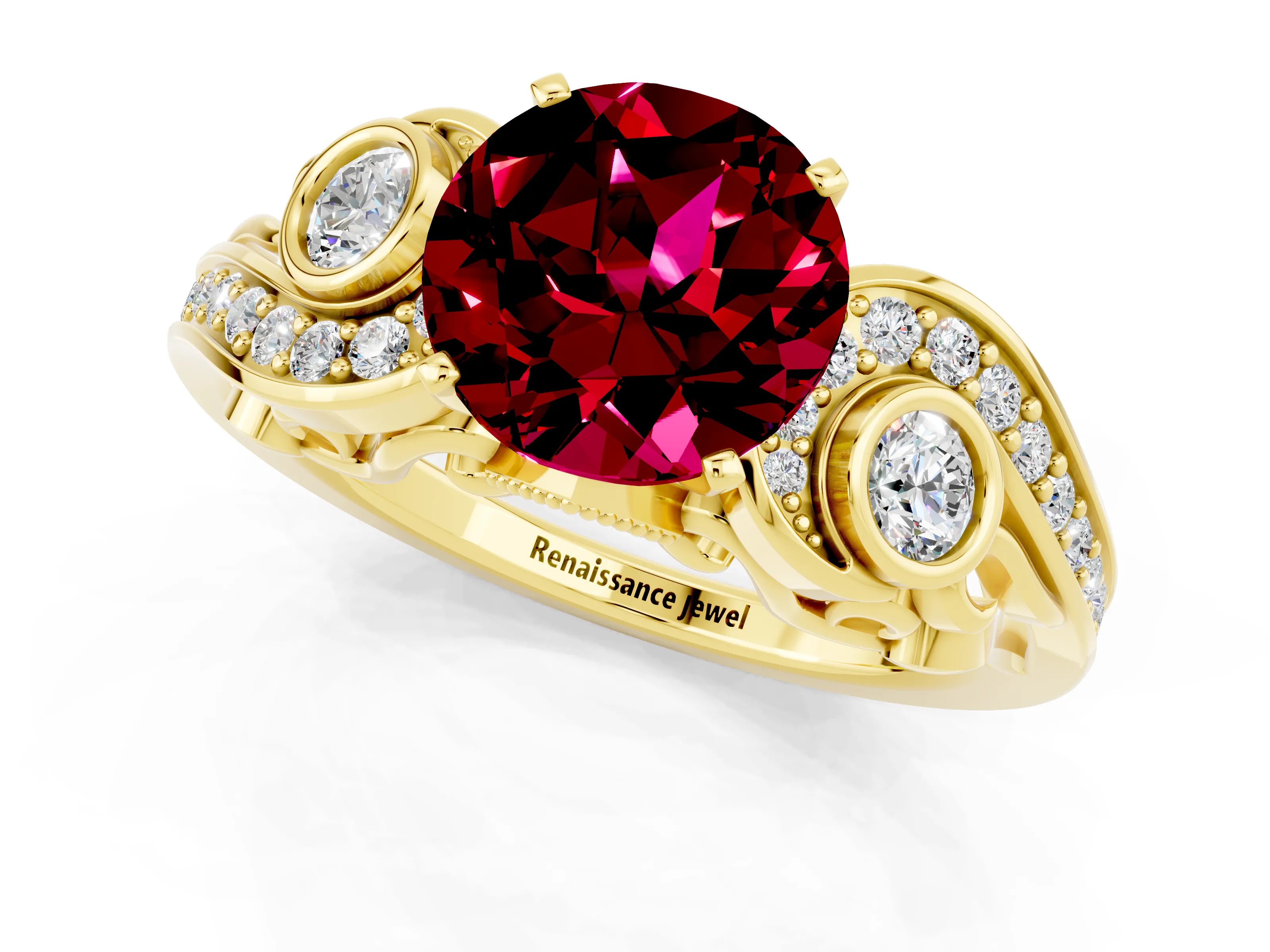 Yellow gold Round Cut Garnet Solitaire Ring with Milgrain Pavé Band and Four-Prong Setting_25