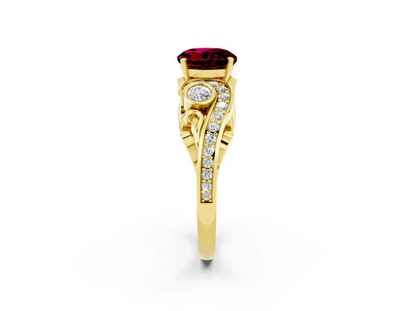 Yellow gold Round Cut Garnet Solitaire Ring with Milgrain Pavé Band and Four-Prong Setting