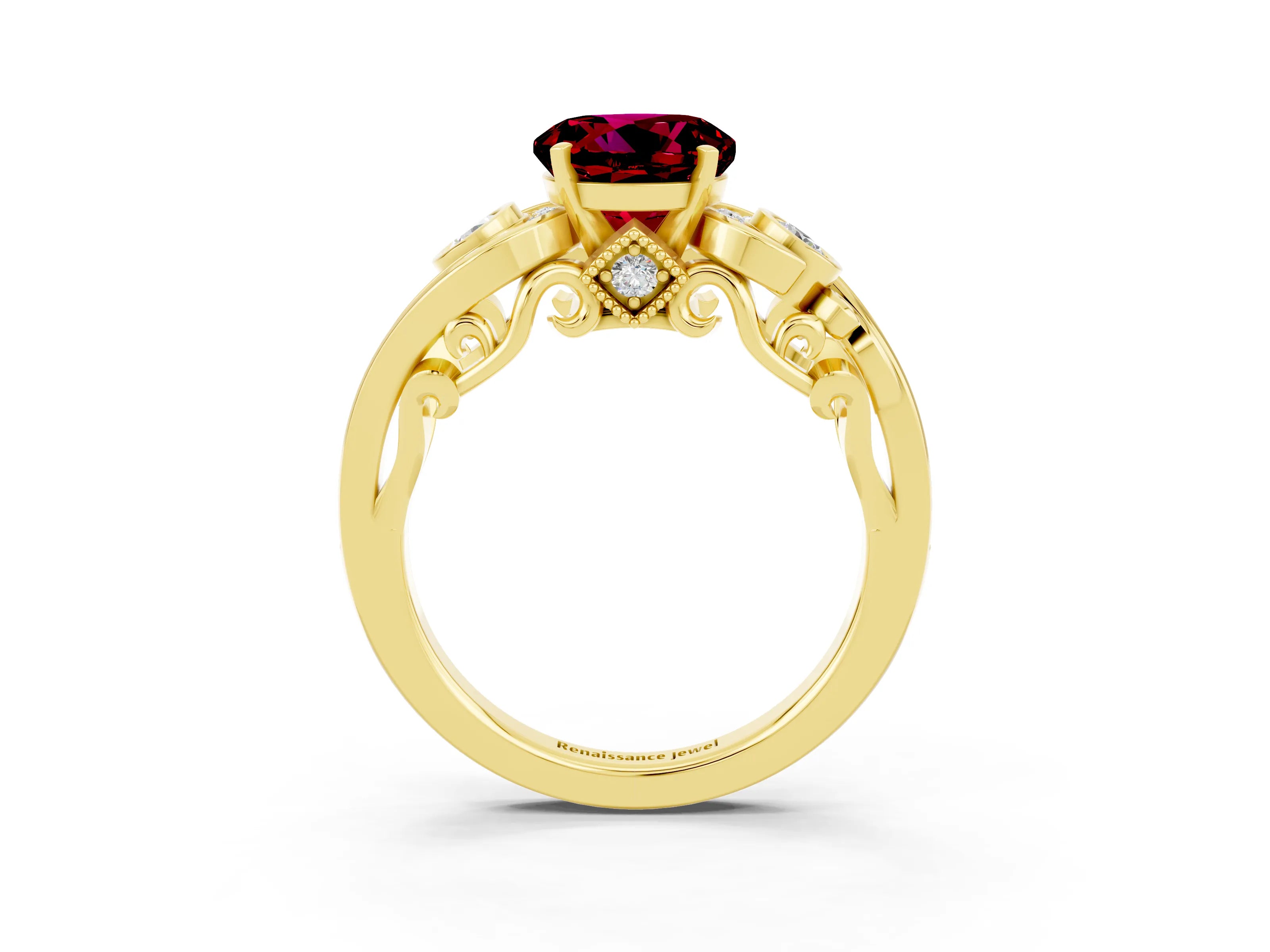 Yellow gold Round Cut Garnet Solitaire Ring with Milgrain Pavé Band and Four-Prong Setting_27